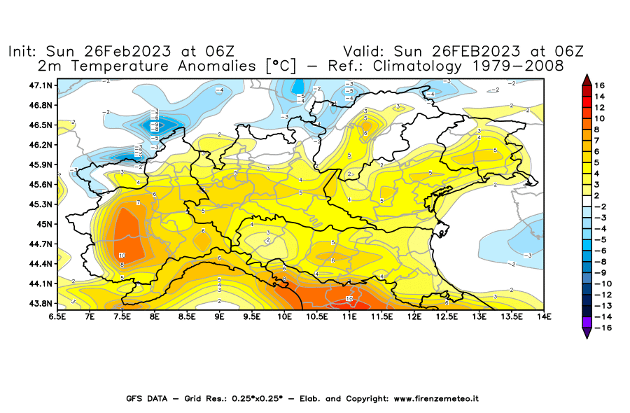 Mappa di analisi GFS - Anomalia Temperatura [°C] a 2 m in Nord-Italia
							del 26/02/2023 06 <!--googleoff: index-->UTC<!--googleon: index-->