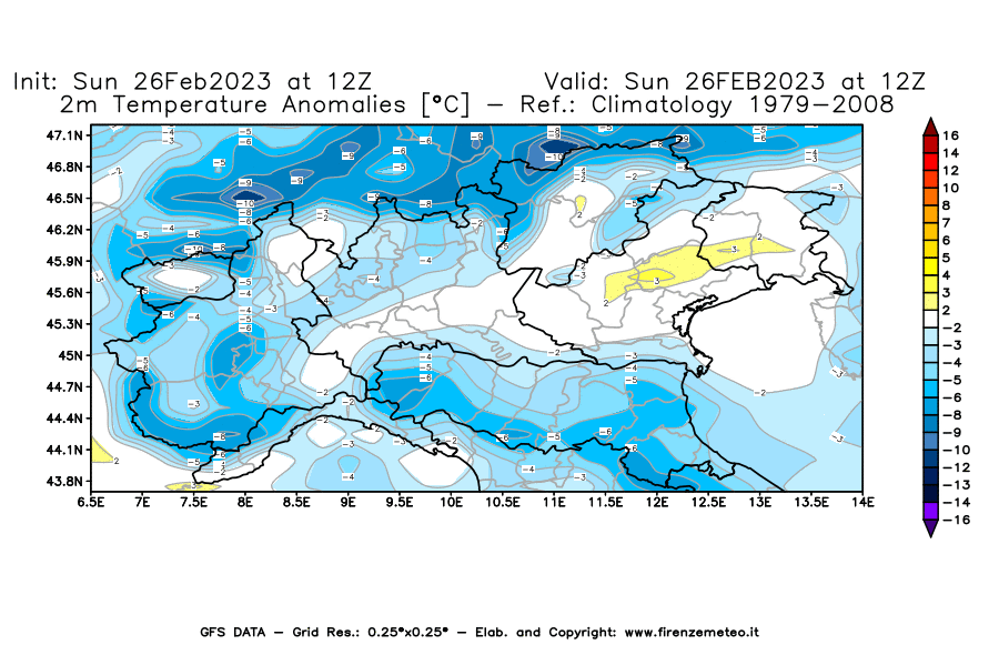 Mappa di analisi GFS - Anomalia Temperatura [°C] a 2 m in Nord-Italia
							del 26/02/2023 12 <!--googleoff: index-->UTC<!--googleon: index-->
