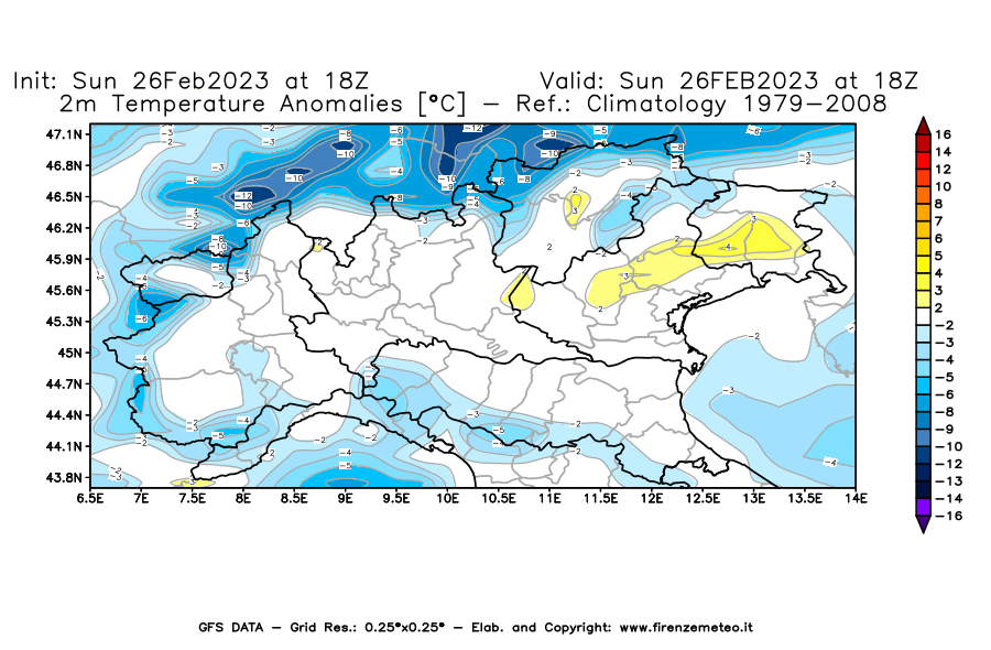 Mappa di analisi GFS - Anomalia Temperatura [°C] a 2 m in Nord-Italia
							del 26/02/2023 18 <!--googleoff: index-->UTC<!--googleon: index-->