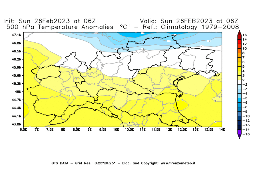Mappa di analisi GFS - Anomalia Temperatura [°C] a 500 hPa in Nord-Italia
							del 26/02/2023 06 <!--googleoff: index-->UTC<!--googleon: index-->