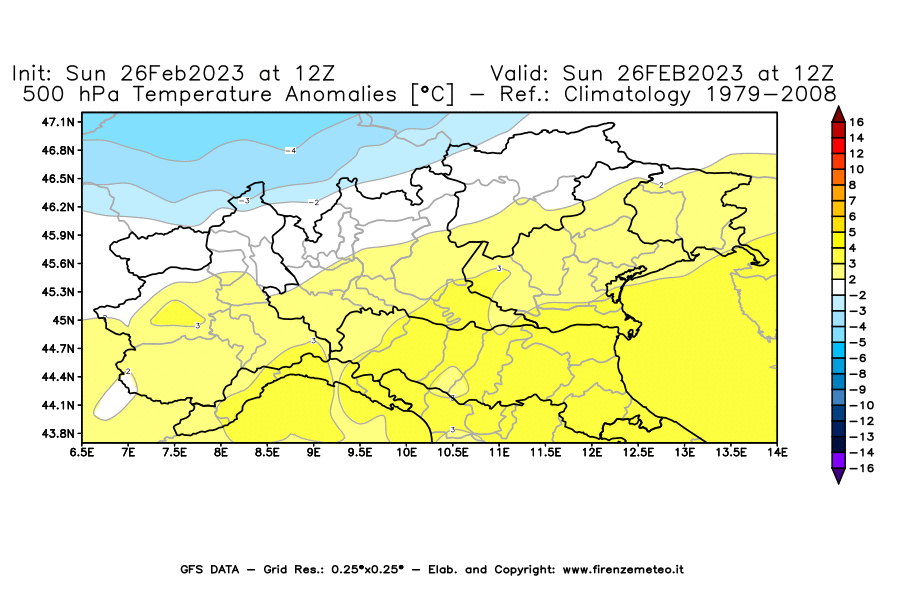Mappa di analisi GFS - Anomalia Temperatura [°C] a 500 hPa in Nord-Italia
							del 26/02/2023 12 <!--googleoff: index-->UTC<!--googleon: index-->