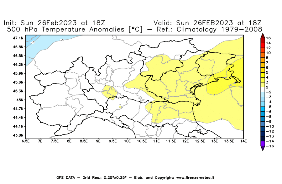 Mappa di analisi GFS - Anomalia Temperatura [°C] a 500 hPa in Nord-Italia
							del 26/02/2023 18 <!--googleoff: index-->UTC<!--googleon: index-->