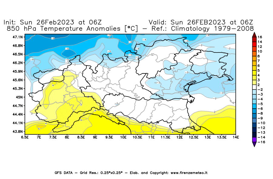 Mappa di analisi GFS - Anomalia Temperatura [°C] a 850 hPa in Nord-Italia
							del 26/02/2023 06 <!--googleoff: index-->UTC<!--googleon: index-->