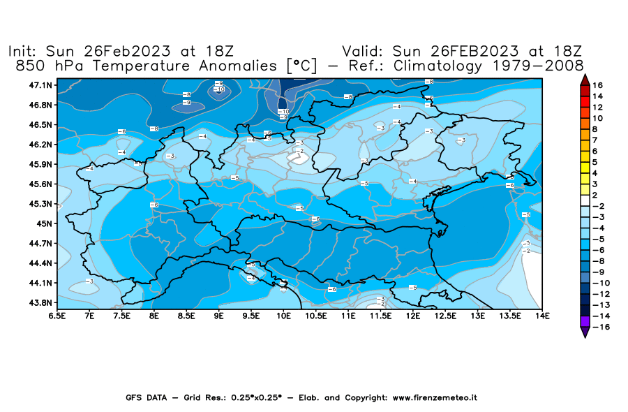 Mappa di analisi GFS - Anomalia Temperatura [°C] a 850 hPa in Nord-Italia
							del 26/02/2023 18 <!--googleoff: index-->UTC<!--googleon: index-->