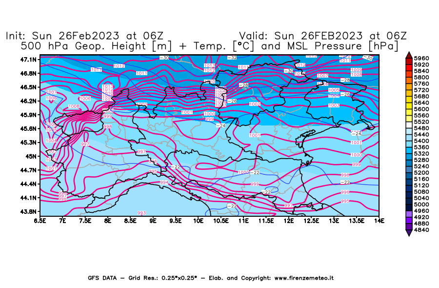 Mappa di analisi GFS - Geopotenziale [m] + Temp. [°C] a 500 hPa + Press. a livello del mare [hPa] in Nord-Italia
							del 26/02/2023 06 <!--googleoff: index-->UTC<!--googleon: index-->