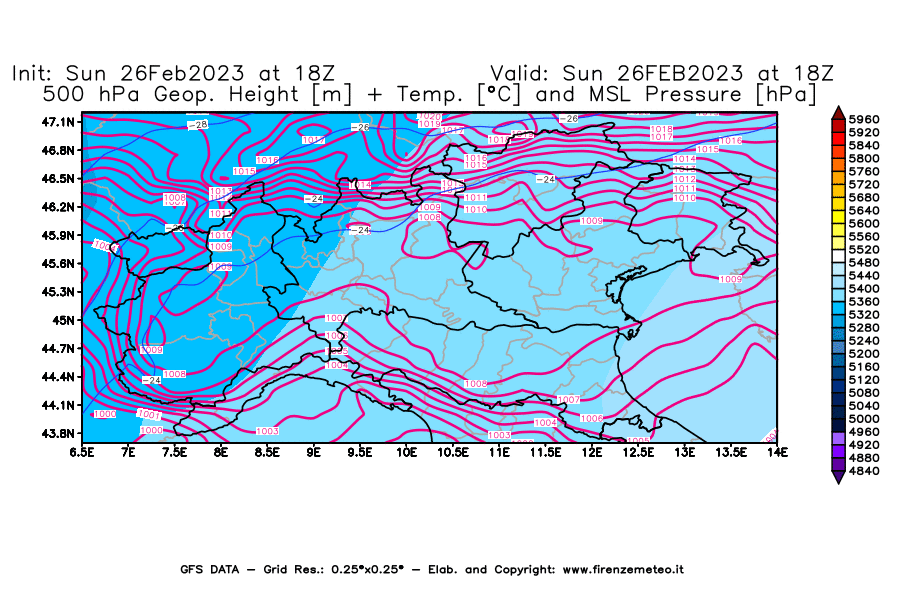 Mappa di analisi GFS - Geopotenziale [m] + Temp. [°C] a 500 hPa + Press. a livello del mare [hPa] in Nord-Italia
							del 26/02/2023 18 <!--googleoff: index-->UTC<!--googleon: index-->