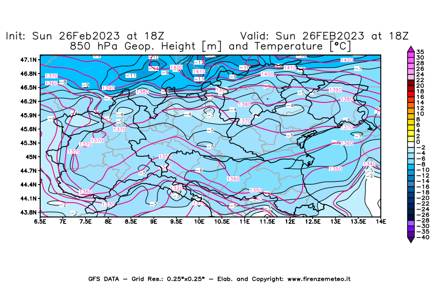 Mappa di analisi GFS - Geopotenziale [m] e Temperatura [°C] a 850 hPa in Nord-Italia
							del 26/02/2023 18 <!--googleoff: index-->UTC<!--googleon: index-->