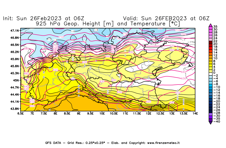 Mappa di analisi GFS - Geopotenziale [m] e Temperatura [°C] a 925 hPa in Nord-Italia
							del 26/02/2023 06 <!--googleoff: index-->UTC<!--googleon: index-->