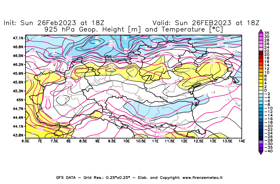 Mappa di analisi GFS - Geopotenziale [m] e Temperatura [°C] a 925 hPa in Nord-Italia
							del 26/02/2023 18 <!--googleoff: index-->UTC<!--googleon: index-->