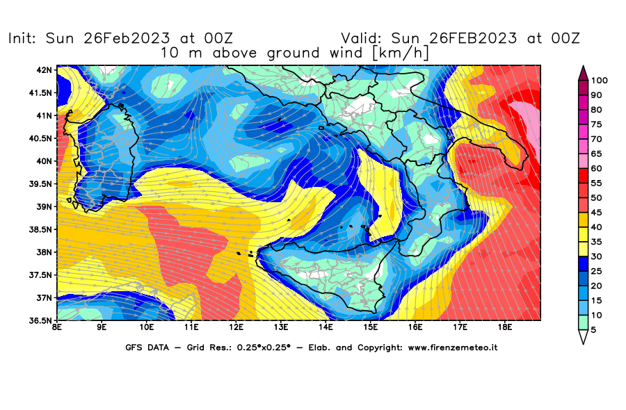 Mappa di analisi GFS - Velocità del vento a 10 metri dal suolo [km/h] in Sud-Italia
							del 26/02/2023 00 <!--googleoff: index-->UTC<!--googleon: index-->