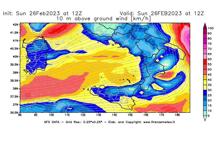 Mappa di analisi GFS - Velocità del vento a 10 metri dal suolo [km/h] in Sud-Italia
							del 26/02/2023 12 <!--googleoff: index-->UTC<!--googleon: index-->