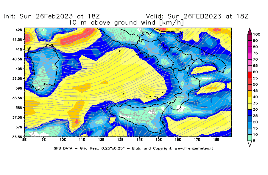 Mappa di analisi GFS - Velocità del vento a 10 metri dal suolo [km/h] in Sud-Italia
							del 26/02/2023 18 <!--googleoff: index-->UTC<!--googleon: index-->