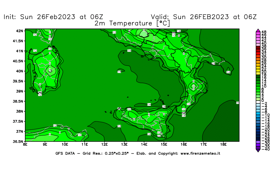 Mappa di analisi GFS - Temperatura a 2 metri dal suolo [°C] in Sud-Italia
							del 26/02/2023 06 <!--googleoff: index-->UTC<!--googleon: index-->
