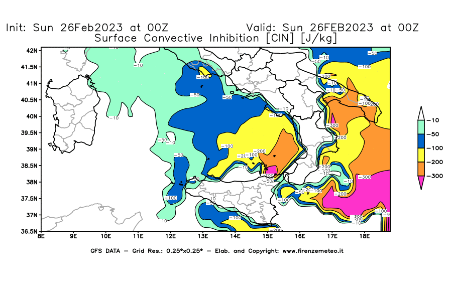 Mappa di analisi GFS - CIN [J/kg] in Sud-Italia
							del 26/02/2023 00 <!--googleoff: index-->UTC<!--googleon: index-->
