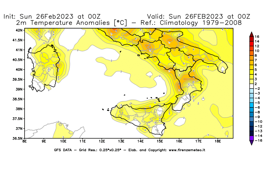 Mappa di analisi GFS - Anomalia Temperatura [°C] a 2 m in Sud-Italia
							del 26/02/2023 00 <!--googleoff: index-->UTC<!--googleon: index-->