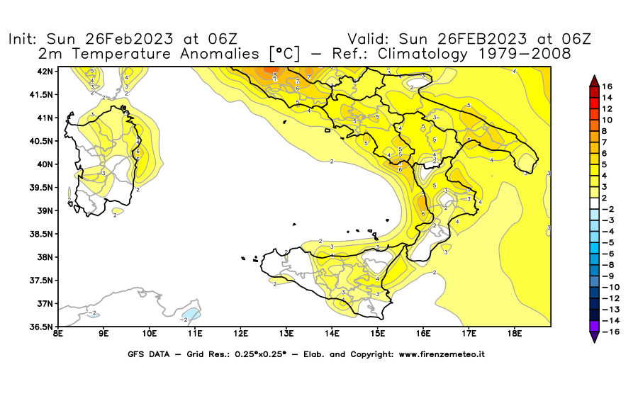 Mappa di analisi GFS - Anomalia Temperatura [°C] a 2 m in Sud-Italia
							del 26/02/2023 06 <!--googleoff: index-->UTC<!--googleon: index-->