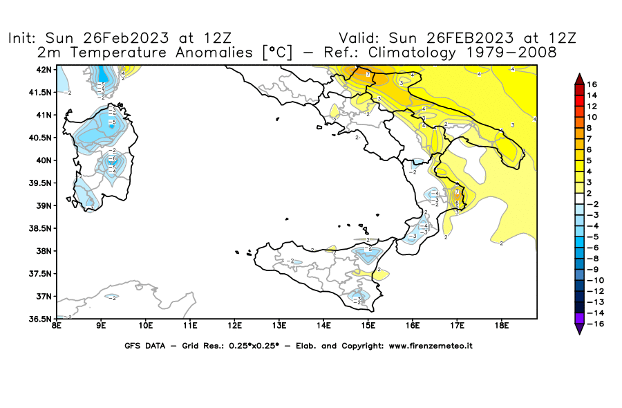 Mappa di analisi GFS - Anomalia Temperatura [°C] a 2 m in Sud-Italia
							del 26/02/2023 12 <!--googleoff: index-->UTC<!--googleon: index-->