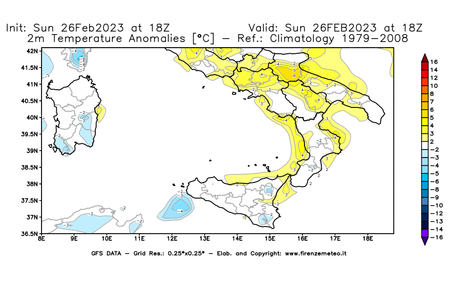 Mappa di analisi GFS - Anomalia Temperatura [°C] a 2 m in Sud-Italia
							del 26/02/2023 18 <!--googleoff: index-->UTC<!--googleon: index-->