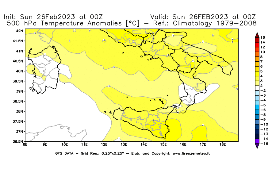 Mappa di analisi GFS - Anomalia Temperatura [°C] a 500 hPa in Sud-Italia
							del 26/02/2023 00 <!--googleoff: index-->UTC<!--googleon: index-->