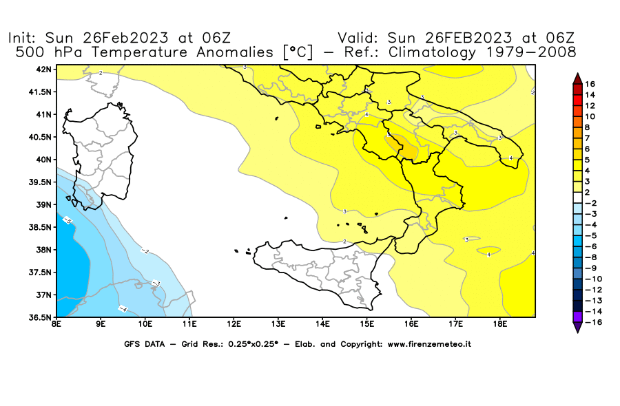 Mappa di analisi GFS - Anomalia Temperatura [°C] a 500 hPa in Sud-Italia
							del 26/02/2023 06 <!--googleoff: index-->UTC<!--googleon: index-->