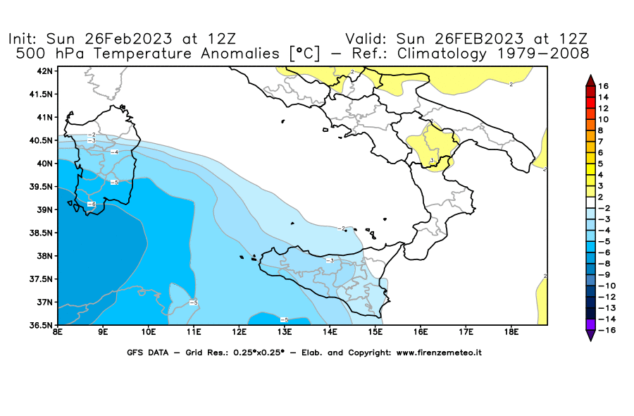 Mappa di analisi GFS - Anomalia Temperatura [°C] a 500 hPa in Sud-Italia
							del 26/02/2023 12 <!--googleoff: index-->UTC<!--googleon: index-->