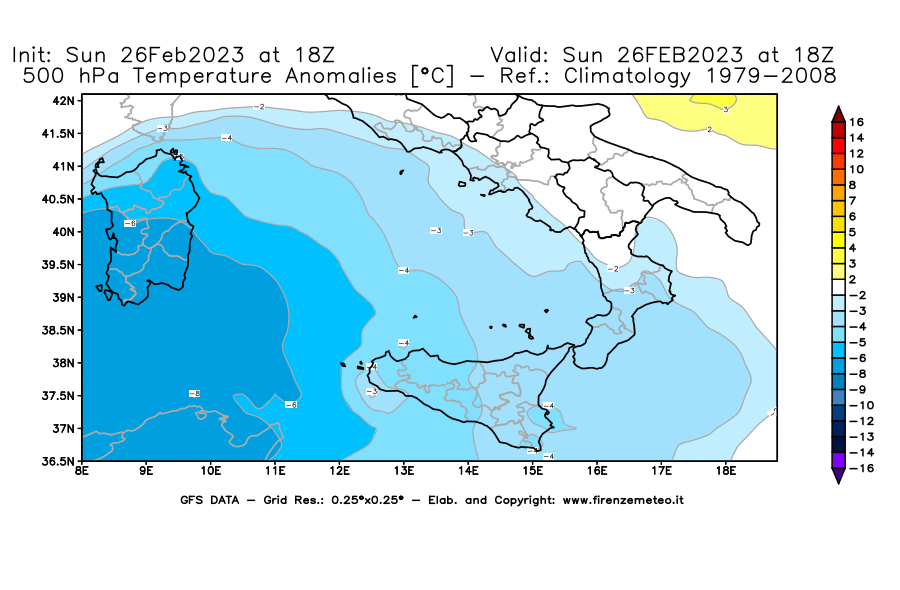 Mappa di analisi GFS - Anomalia Temperatura [°C] a 500 hPa in Sud-Italia
							del 26/02/2023 18 <!--googleoff: index-->UTC<!--googleon: index-->