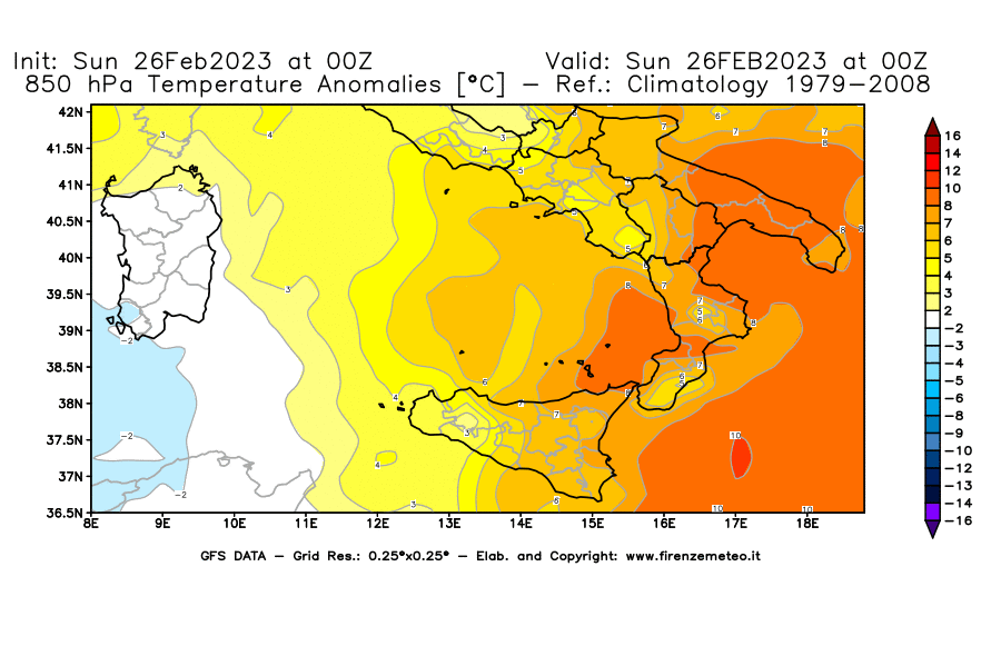 Mappa di analisi GFS - Anomalia Temperatura [°C] a 850 hPa in Sud-Italia
							del 26/02/2023 00 <!--googleoff: index-->UTC<!--googleon: index-->