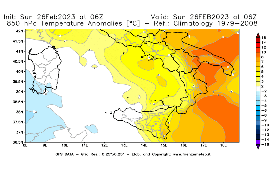 Mappa di analisi GFS - Anomalia Temperatura [°C] a 850 hPa in Sud-Italia
							del 26/02/2023 06 <!--googleoff: index-->UTC<!--googleon: index-->