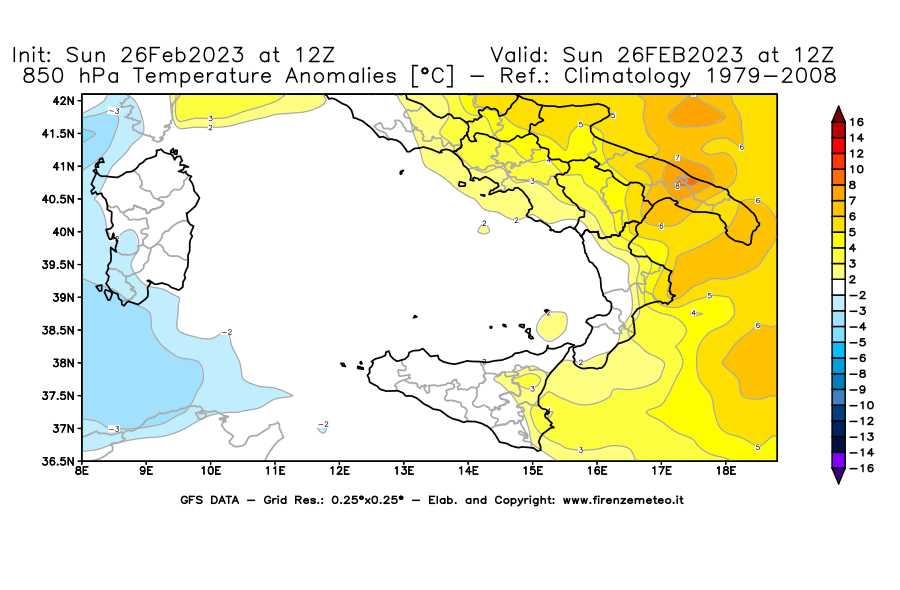 Mappa di analisi GFS - Anomalia Temperatura [°C] a 850 hPa in Sud-Italia
							del 26/02/2023 12 <!--googleoff: index-->UTC<!--googleon: index-->