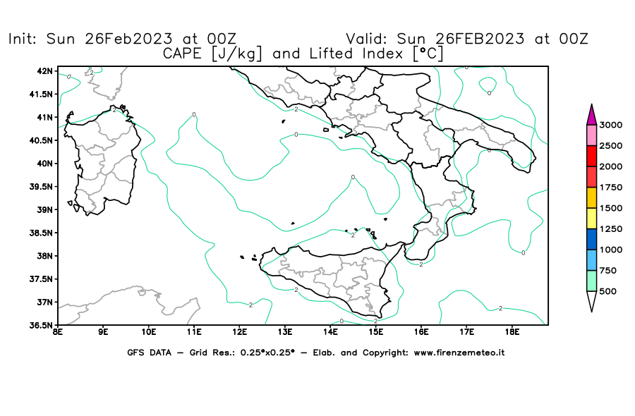 Mappa di analisi GFS - CAPE [J/kg] e Lifted Index [°C] in Sud-Italia
							del 26/02/2023 00 <!--googleoff: index-->UTC<!--googleon: index-->