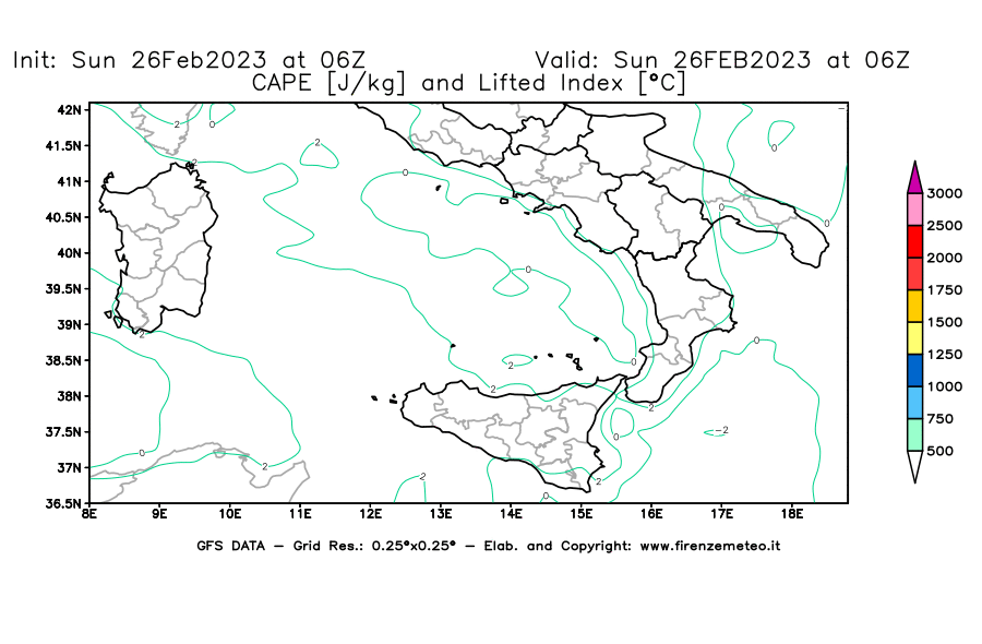 Mappa di analisi GFS - CAPE [J/kg] e Lifted Index [°C] in Sud-Italia
							del 26/02/2023 06 <!--googleoff: index-->UTC<!--googleon: index-->