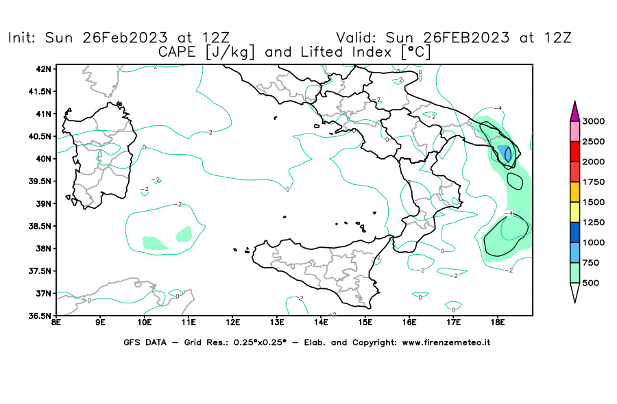 Mappa di analisi GFS - CAPE [J/kg] e Lifted Index [°C] in Sud-Italia
							del 26/02/2023 12 <!--googleoff: index-->UTC<!--googleon: index-->