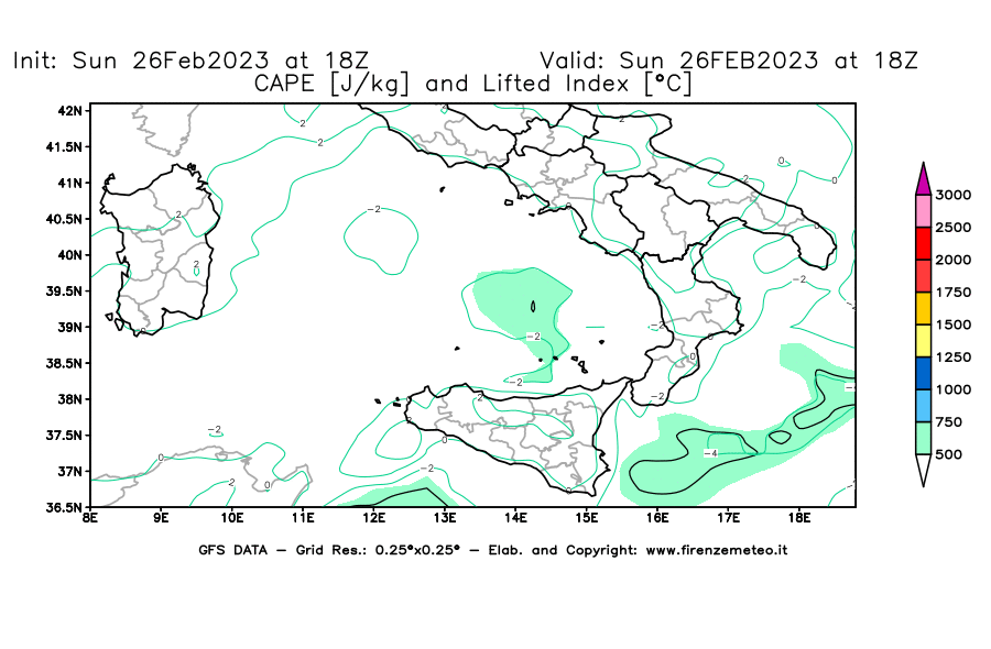 Mappa di analisi GFS - CAPE [J/kg] e Lifted Index [°C] in Sud-Italia
							del 26/02/2023 18 <!--googleoff: index-->UTC<!--googleon: index-->