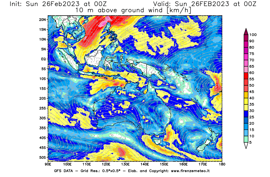 Mappa di analisi GFS - Velocità del vento a 10 metri dal suolo [km/h] in Oceania
							del 26/02/2023 00 <!--googleoff: index-->UTC<!--googleon: index-->