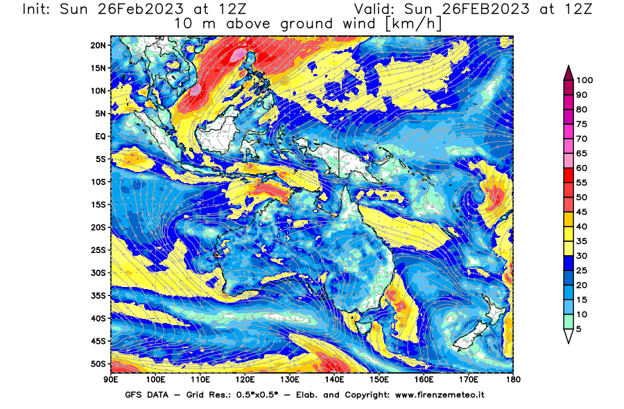 Mappa di analisi GFS - Velocità del vento a 10 metri dal suolo [km/h] in Oceania
							del 26/02/2023 12 <!--googleoff: index-->UTC<!--googleon: index-->