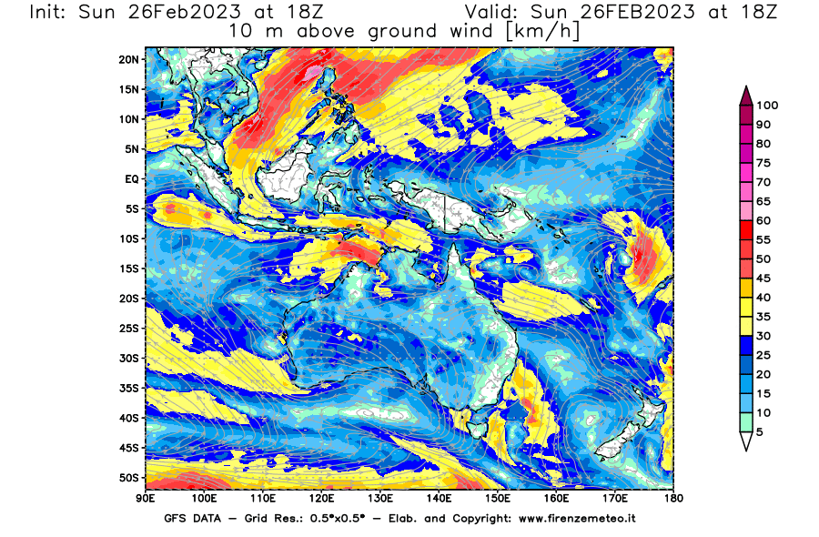 Mappa di analisi GFS - Velocità del vento a 10 metri dal suolo [km/h] in Oceania
							del 26/02/2023 18 <!--googleoff: index-->UTC<!--googleon: index-->