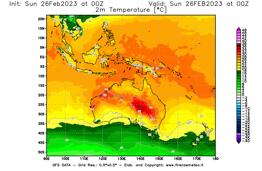 Mappa di analisi GFS - Temperatura a 2 metri dal suolo [°C] in Oceania
							del 26/02/2023 00 <!--googleoff: index-->UTC<!--googleon: index-->