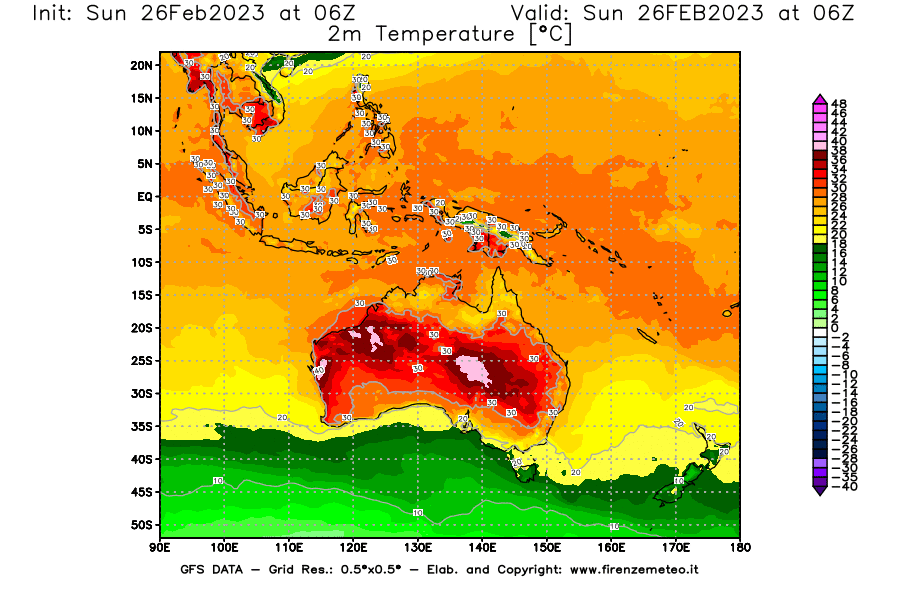 Mappa di analisi GFS - Temperatura a 2 metri dal suolo [°C] in Oceania
							del 26/02/2023 06 <!--googleoff: index-->UTC<!--googleon: index-->
