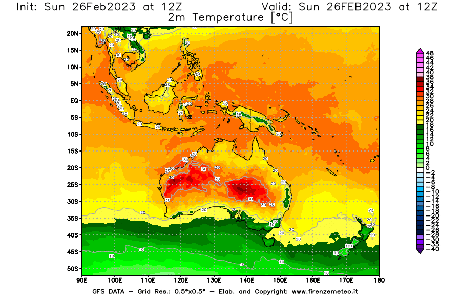 Mappa di analisi GFS - Temperatura a 2 metri dal suolo [°C] in Oceania
							del 26/02/2023 12 <!--googleoff: index-->UTC<!--googleon: index-->
