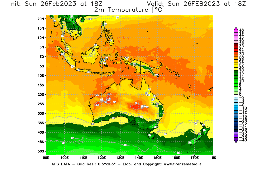 Mappa di analisi GFS - Temperatura a 2 metri dal suolo [°C] in Oceania
							del 26/02/2023 18 <!--googleoff: index-->UTC<!--googleon: index-->