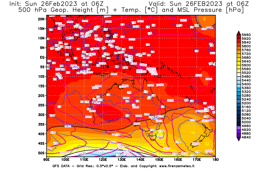 Mappa di analisi GFS - Geopotenziale [m] + Temp. [°C] a 500 hPa + Press. a livello del mare [hPa] in Oceania
							del 26/02/2023 06 <!--googleoff: index-->UTC<!--googleon: index-->