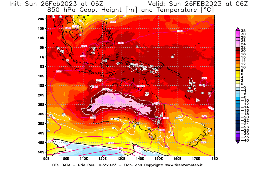 Mappa di analisi GFS - Geopotenziale [m] e Temperatura [°C] a 850 hPa in Oceania
							del 26/02/2023 06 <!--googleoff: index-->UTC<!--googleon: index-->