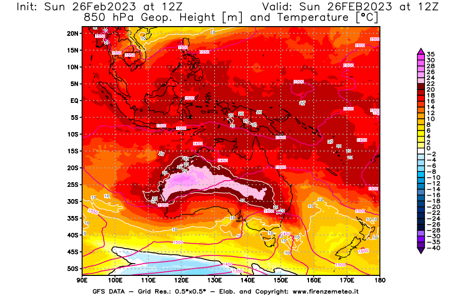 Mappa di analisi GFS - Geopotenziale [m] e Temperatura [°C] a 850 hPa in Oceania
							del 26/02/2023 12 <!--googleoff: index-->UTC<!--googleon: index-->