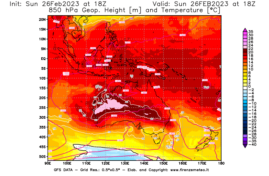 Mappa di analisi GFS - Geopotenziale [m] e Temperatura [°C] a 850 hPa in Oceania
							del 26/02/2023 18 <!--googleoff: index-->UTC<!--googleon: index-->