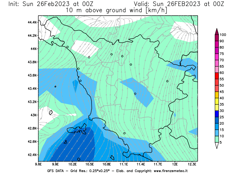 Mappa di analisi GFS - Velocità del vento a 10 metri dal suolo [km/h] in Toscana
							del 26/02/2023 00 <!--googleoff: index-->UTC<!--googleon: index-->