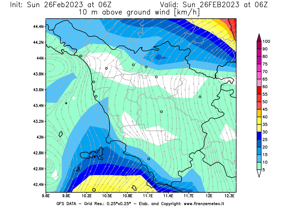 Mappa di analisi GFS - Velocità del vento a 10 metri dal suolo [km/h] in Toscana
							del 26/02/2023 06 <!--googleoff: index-->UTC<!--googleon: index-->