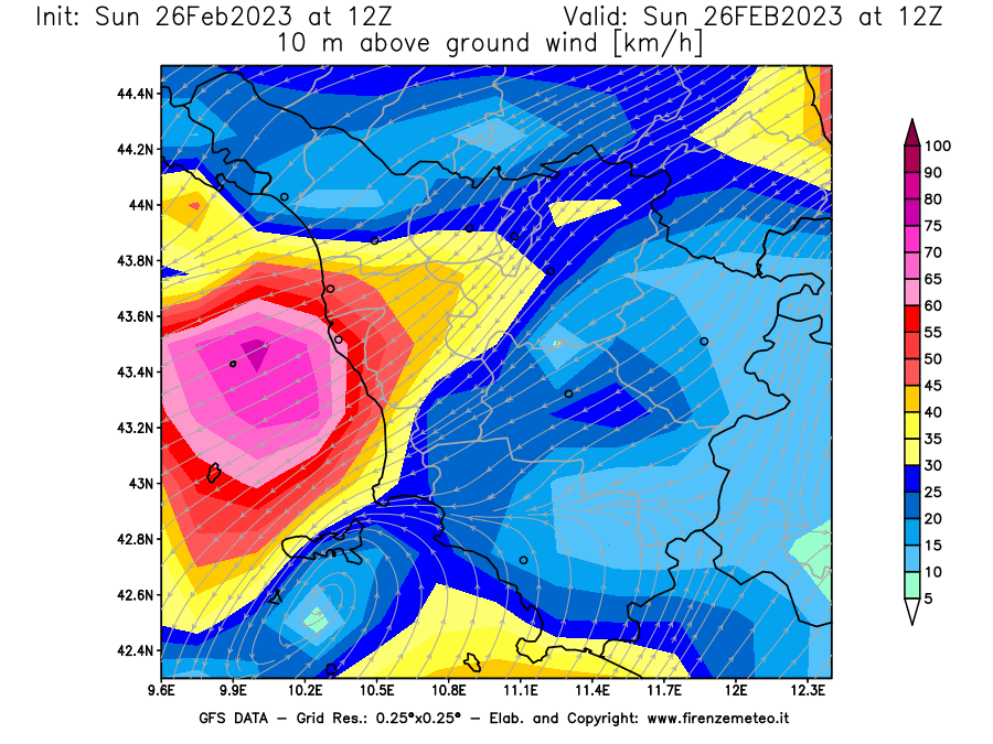 Mappa di analisi GFS - Velocità del vento a 10 metri dal suolo [km/h] in Toscana
							del 26/02/2023 12 <!--googleoff: index-->UTC<!--googleon: index-->