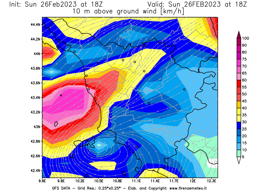 Mappa di analisi GFS - Velocità del vento a 10 metri dal suolo [km/h] in Toscana
							del 26/02/2023 18 <!--googleoff: index-->UTC<!--googleon: index-->