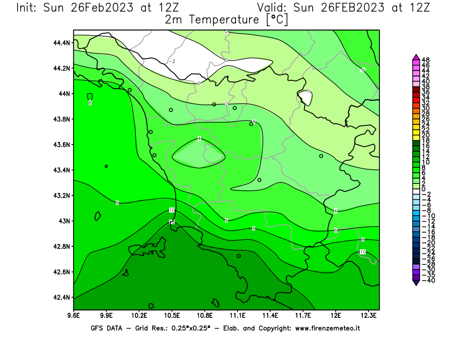 Mappa di analisi GFS - Temperatura a 2 metri dal suolo [°C] in Toscana
							del 26/02/2023 12 <!--googleoff: index-->UTC<!--googleon: index-->