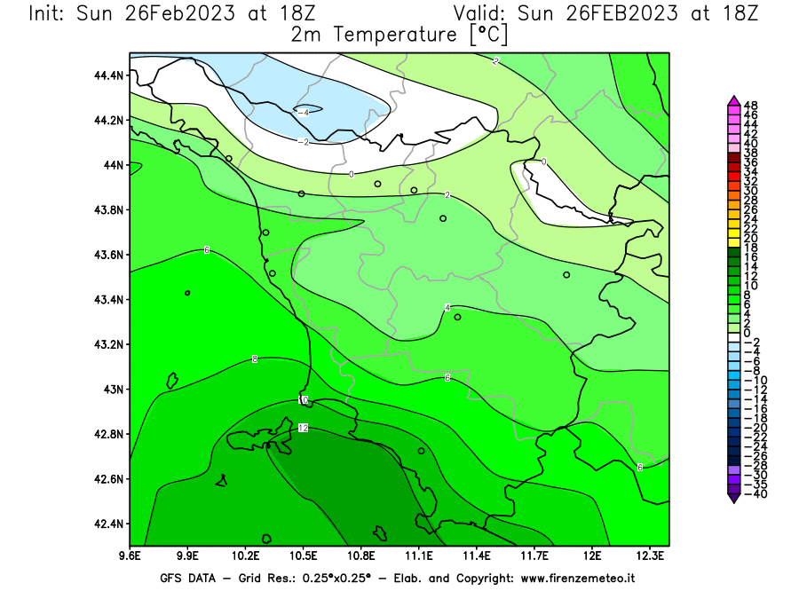 Mappa di analisi GFS - Temperatura a 2 metri dal suolo [°C] in Toscana
							del 26/02/2023 18 <!--googleoff: index-->UTC<!--googleon: index-->